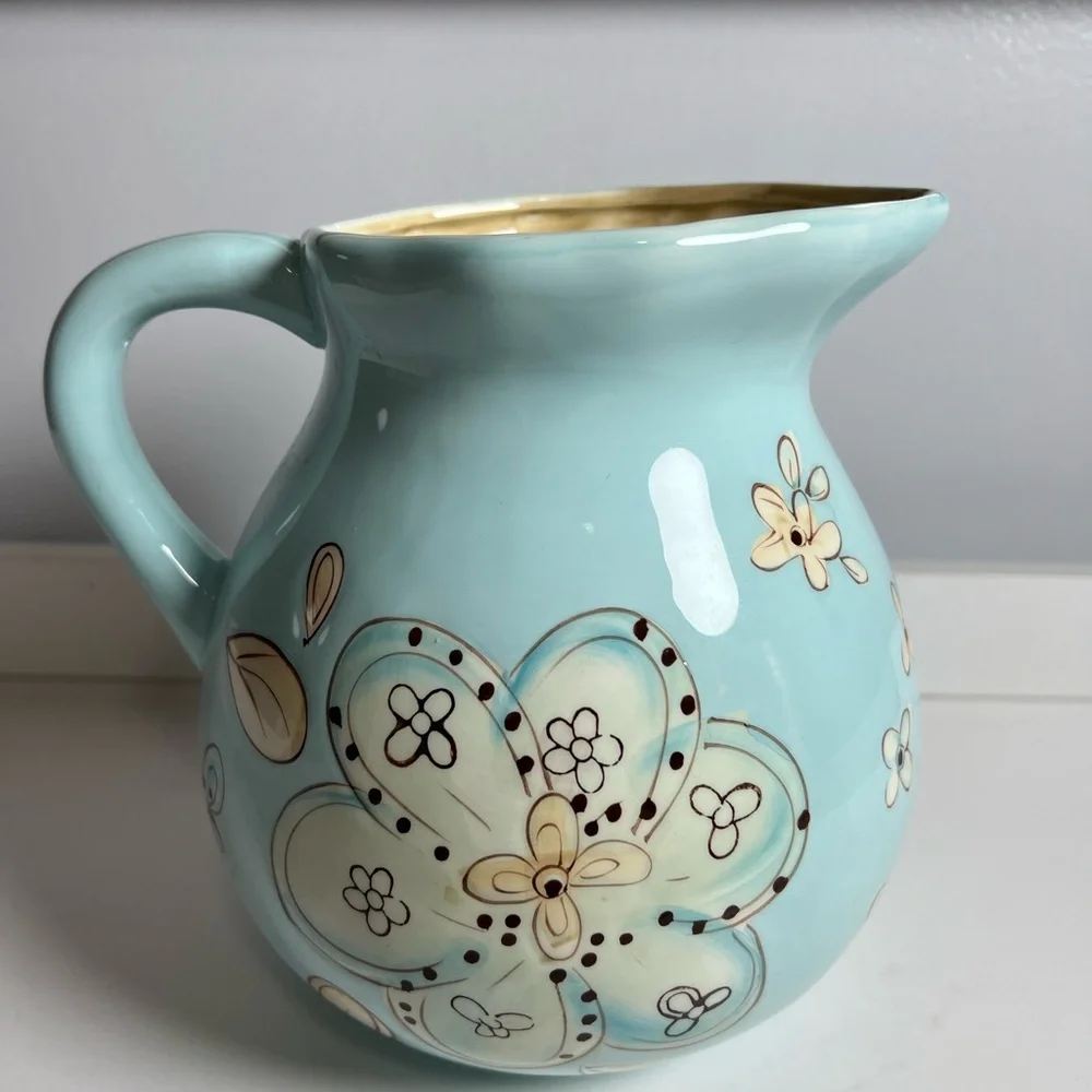 Pier 1 Blue and Cream Floral Ceramic Pitcher